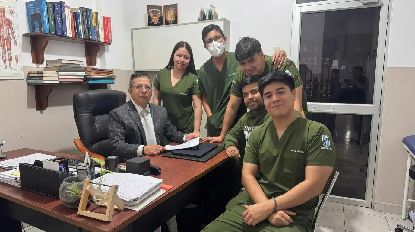 Profesional de CEREFID en consultorio, con equipamiento y bibliografía médica al fondo.